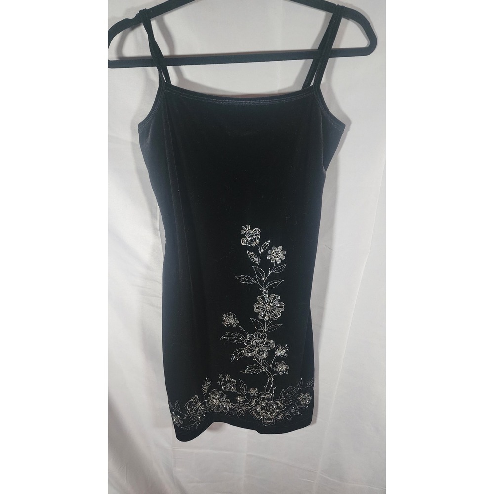 Double Fault Vintage Black Velvet Glitter Floral Mini Dress Y2K Goth Whimsigoth